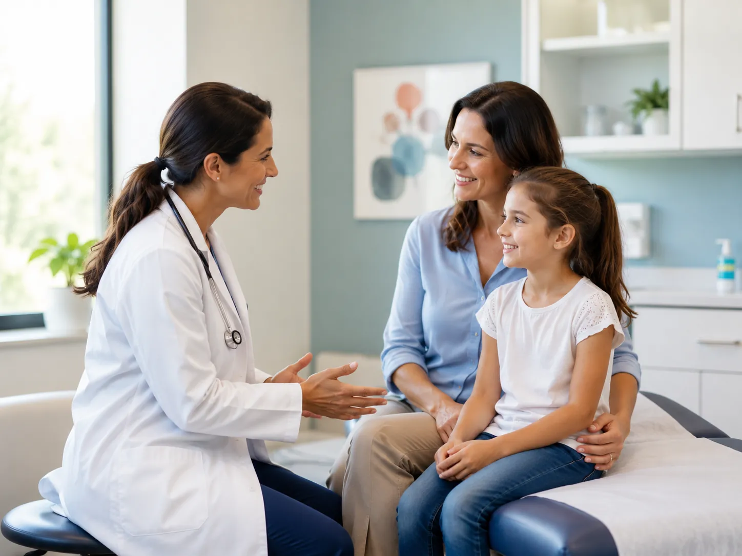 Proveedor de medicina familiar atendiendo a un padre y un niño en un entorno clínico moderno