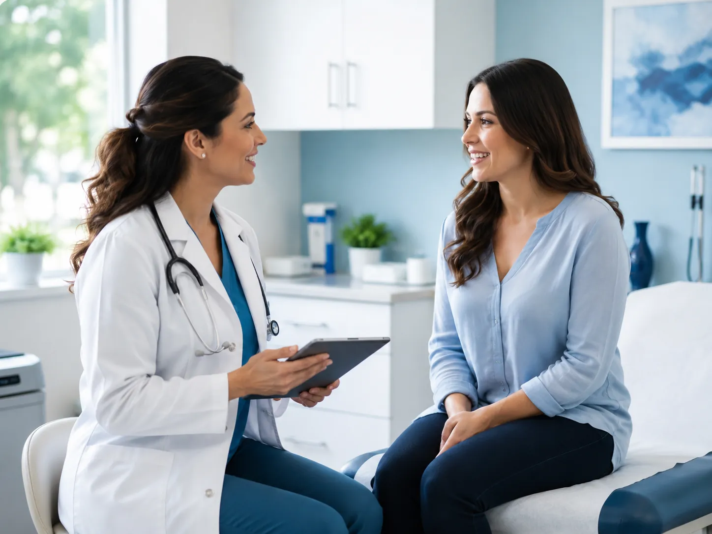 Médica consultando con una mujer durante una visita de bienestar de rutina