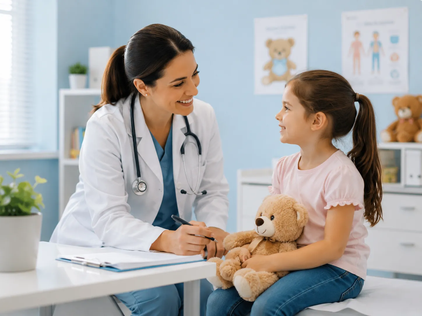 Healthcare professional interacting with a child during a pediatric wellness assessment