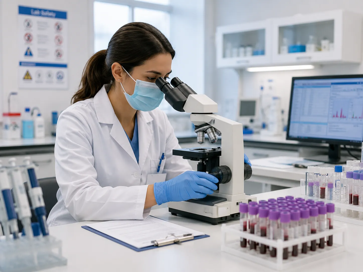 Técnico de laboratorio analizando una muestra de sangre