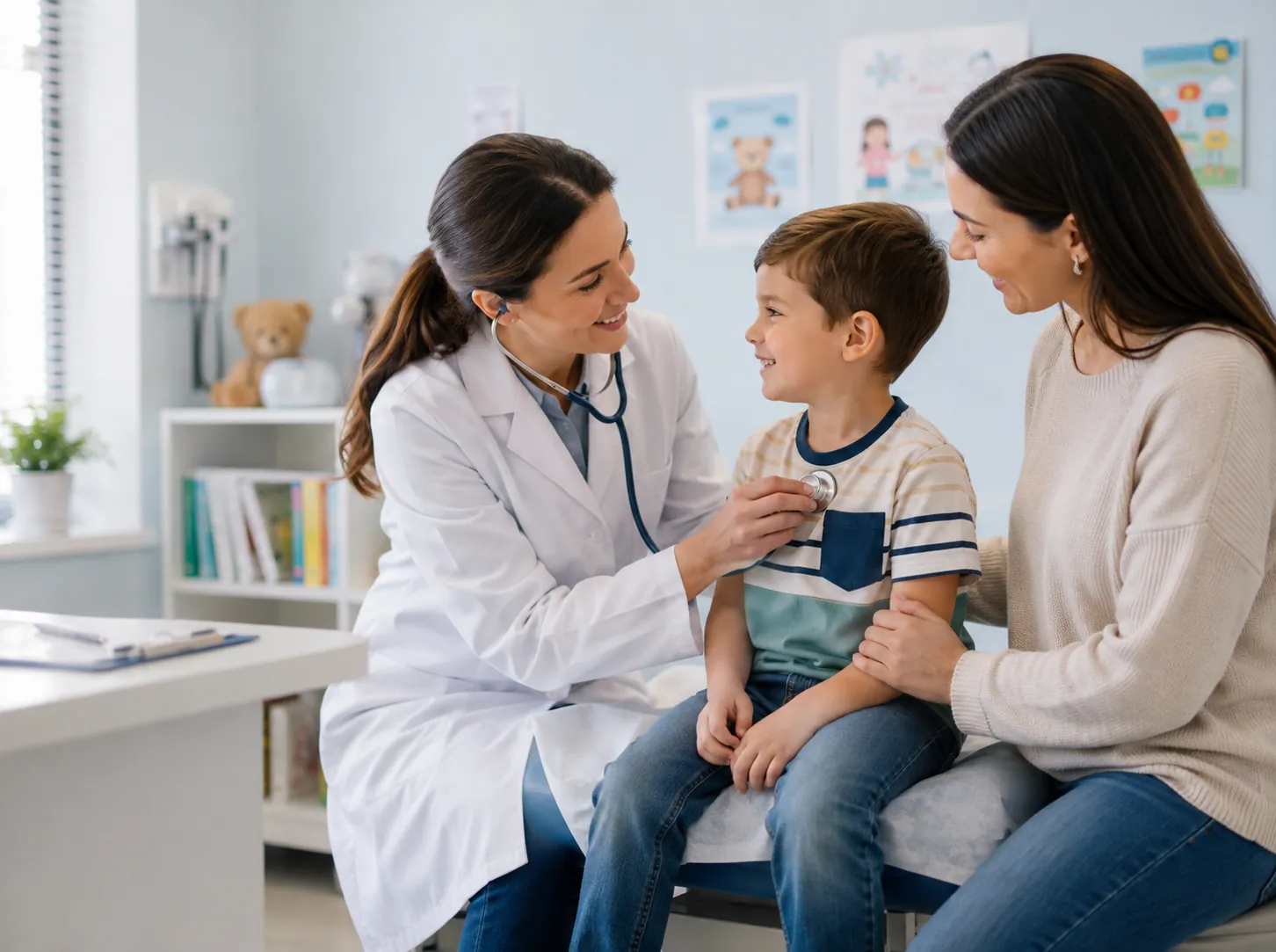Pediatric physician performing a routine health examination on a young child with a parent present