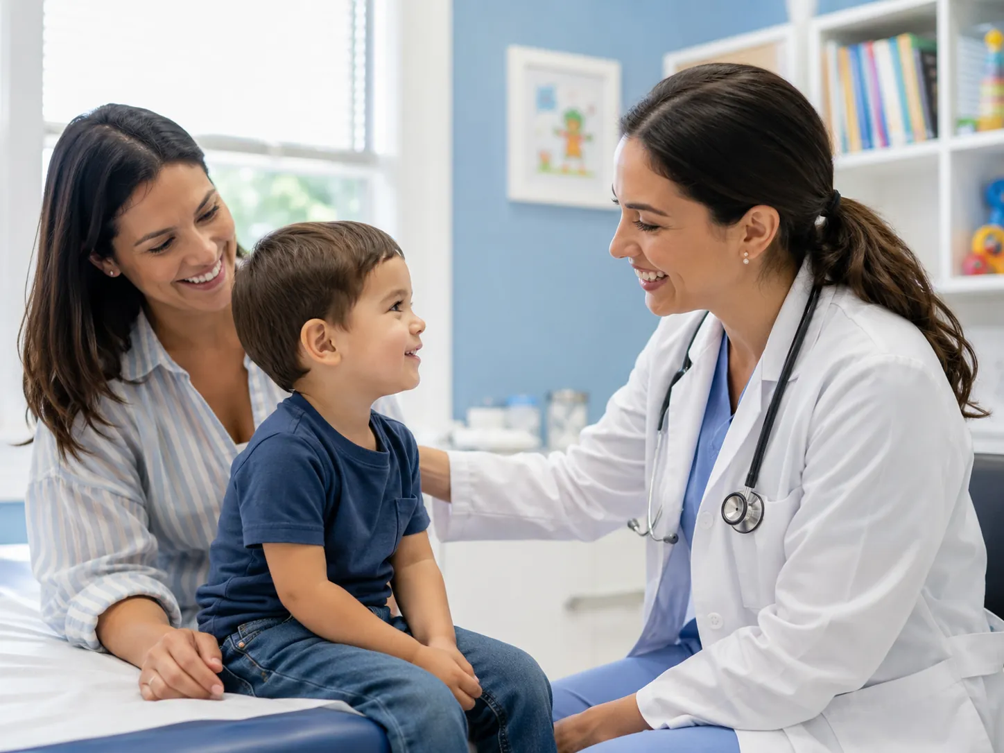 Pediatrician warmly interacting with a child and parent in a bright exam room