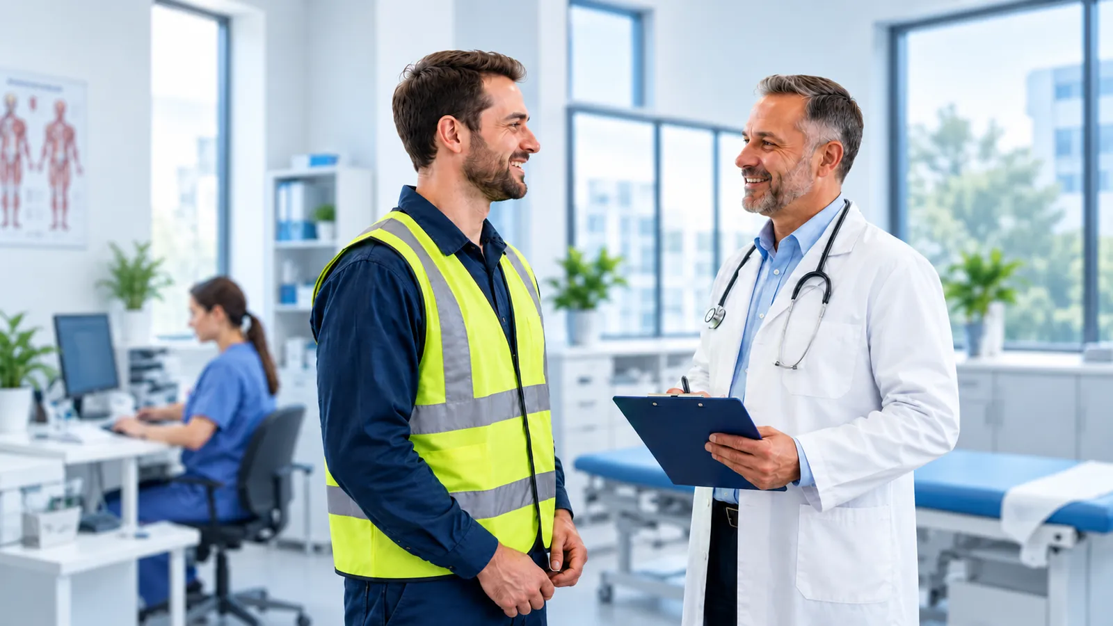 Occupational health clinician consulting with a workplace employee