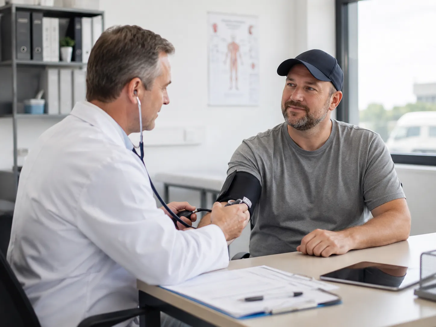 Clinician checking a patient's blood pressure during a DOT physical exam