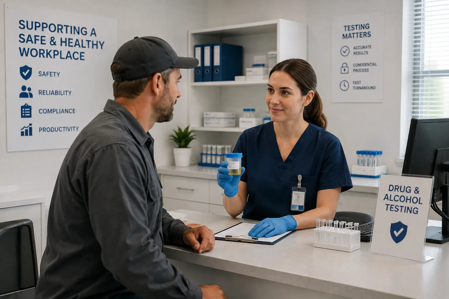 Nurse holding a specimen cup during a workplace drug test