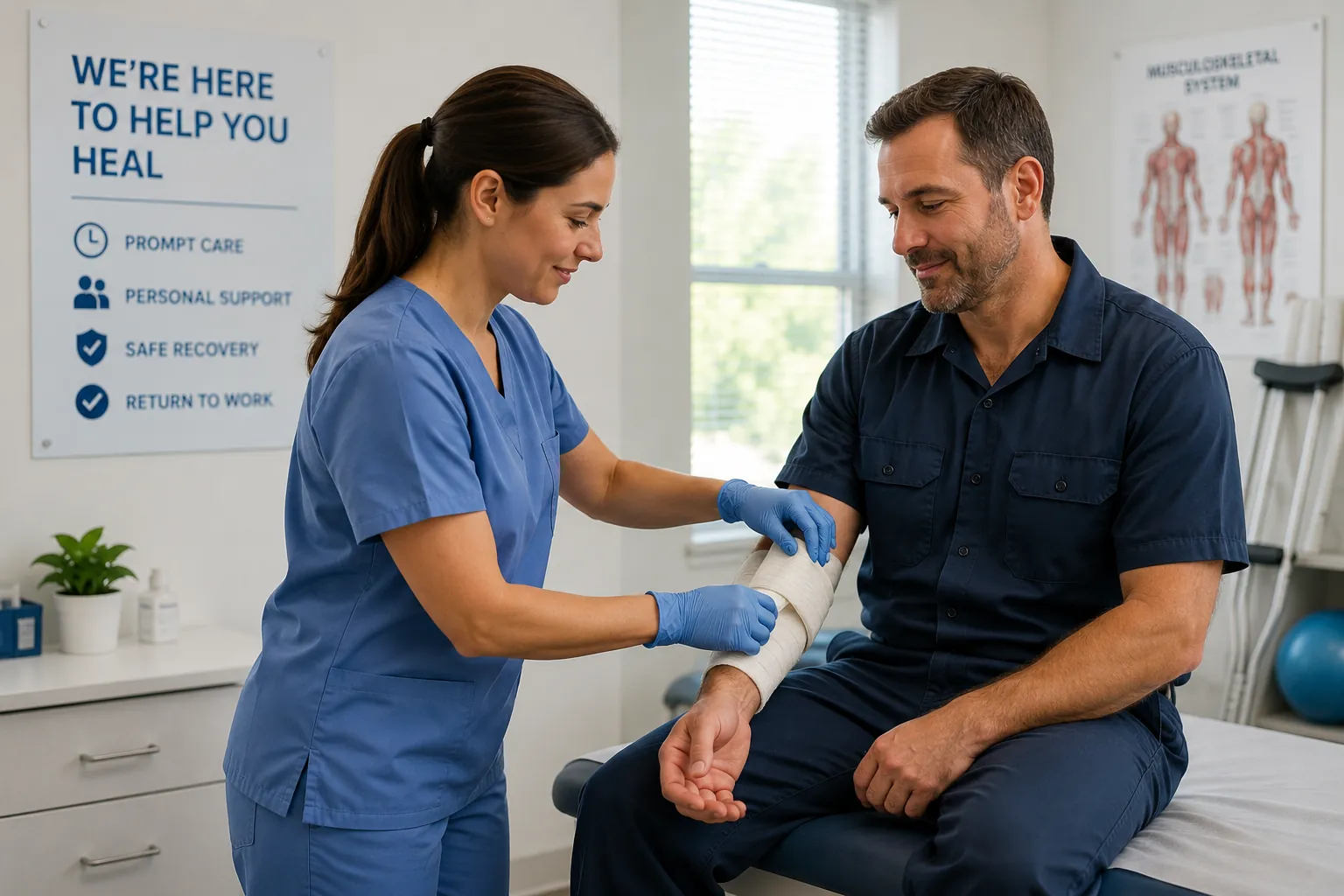 Nurse bandaging an employee's arm during a workplace injury visit