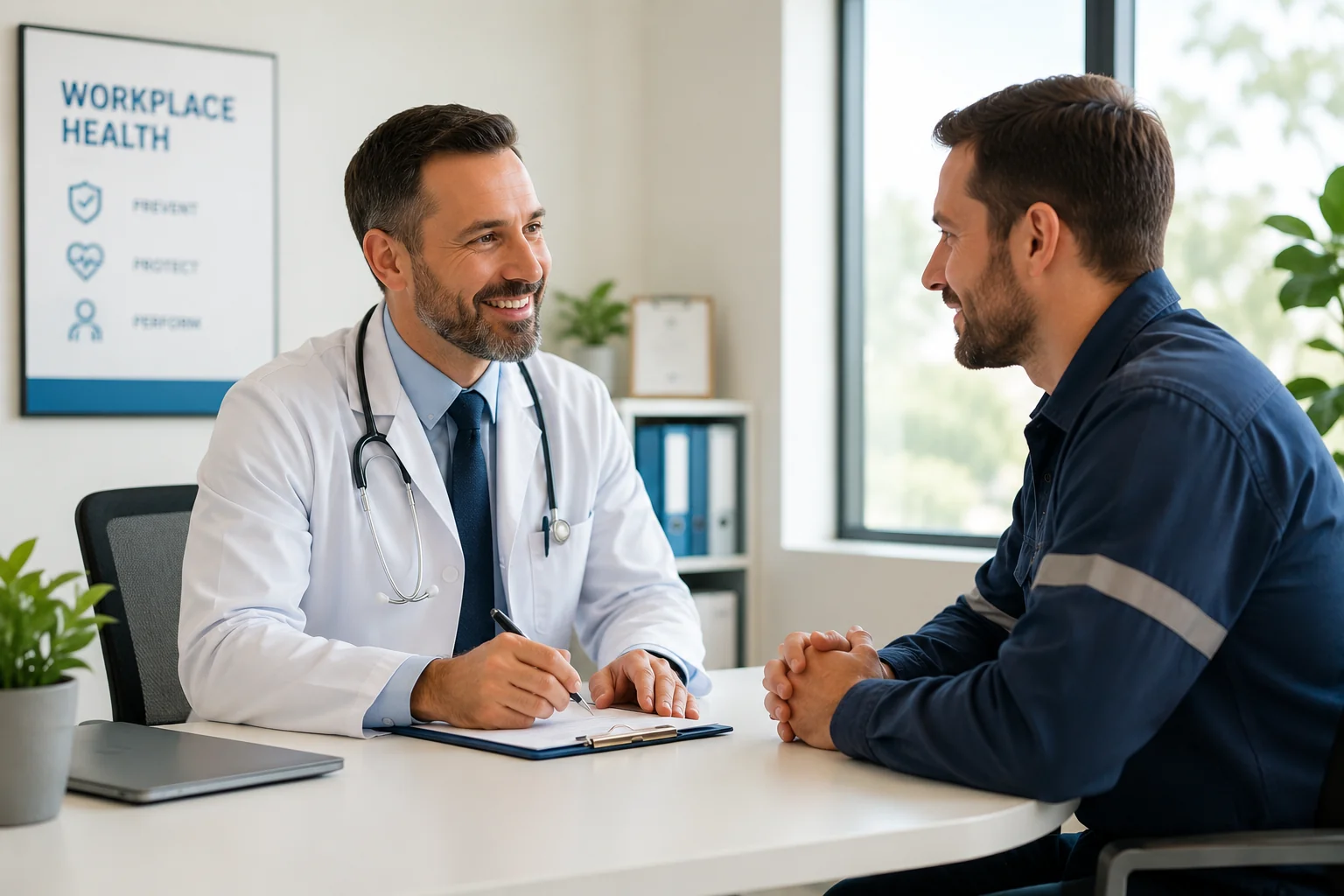 Clínico de salud ocupacional conversando con un empleado